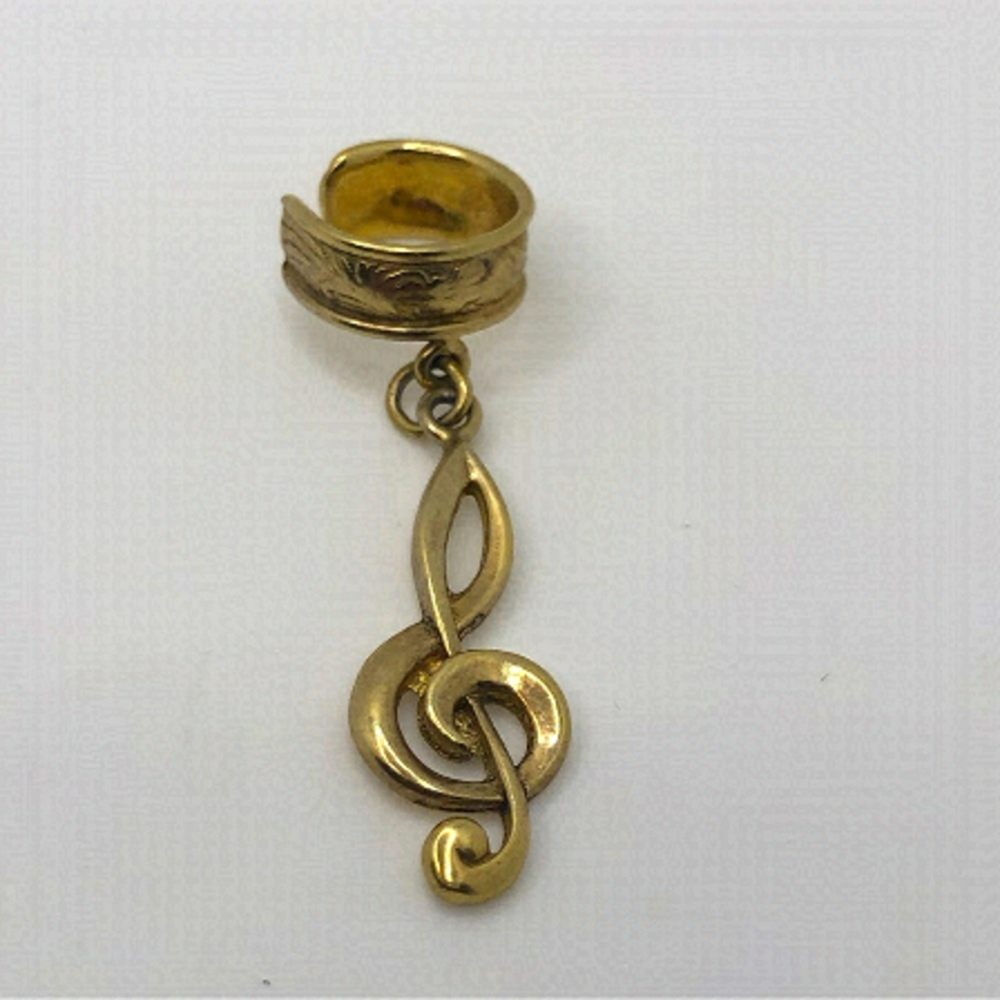 Vtg Sterling Gold Tone Engraved Cuff w Treble Clef G Clef Music Note Dangle 1.5”